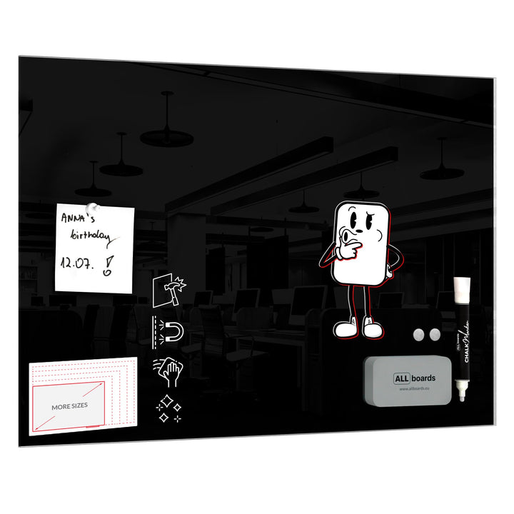 ALLboards Glasboard Magnetisch Schwarz 60x40cm, Rahmenlos, Glastafel, Magnettafel, Gehärtetes Glas,