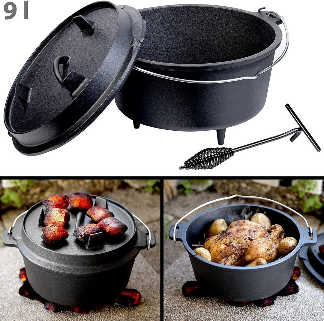 Rosenstein & Söhne Dutch Ofen: Dutch Oven aus Gusseisen mit Standfüssen, 2in1-Deckel & -Pfanne, 9 l