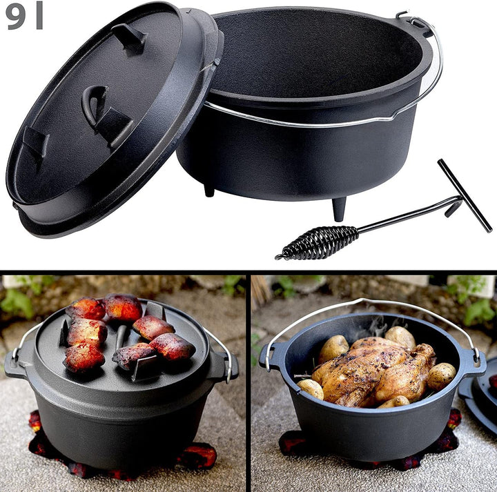 Rosenstein & Söhne Dutch Ofen: Dutch Oven aus Gusseisen mit Standfüssen, 2in1-Deckel & -Pfanne, 9 l