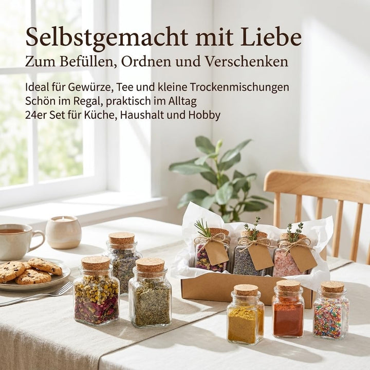 gouveo 24er Set Gewürzgläser 150 ml eckig mit Korken - Kleine Korkengläser mit Korkverschluss - Leer