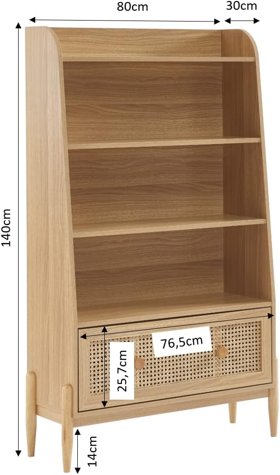 BAÏTA Kinderregal Pablo Eichenoptik und Rattangeflecht, H140cm, Buchenholz