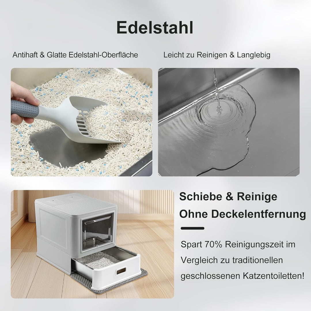 Marchul XL Katzentoilette, Geschlossene Katzentoilette aus Edelstahl mit Deckel und Schubladen-Desig