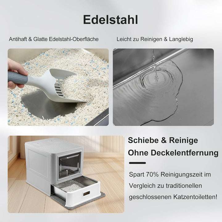 Marchul XL Katzentoilette, Geschlossene Katzentoilette aus Edelstahl mit Deckel und Schubladen-Desig