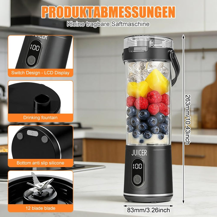 Tragbarer Mixer to go, 600ml Fresh Juice Mixer Flasche Mini Mixer und Smoothie Maker mit 12 Klingen,