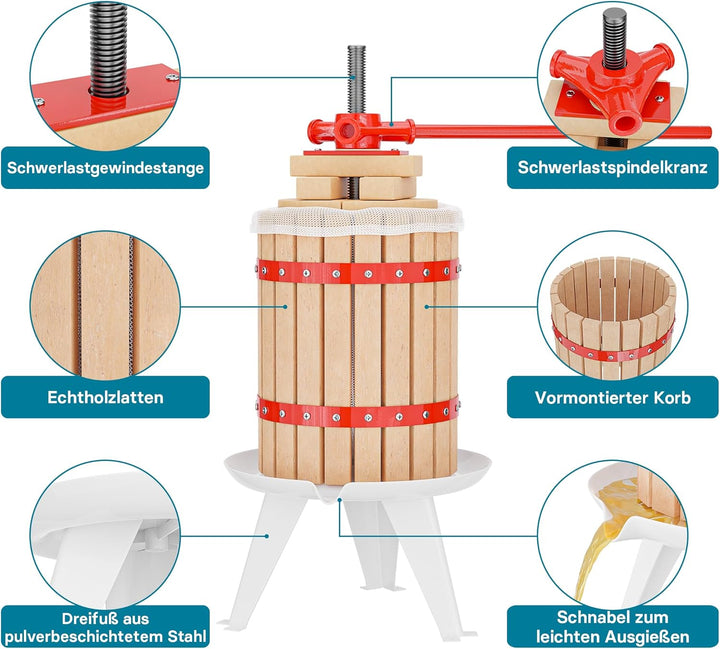Wiltec Obstpresse 18l inkl Presstuch und Obstmühle 7l zur Maischeherstellung