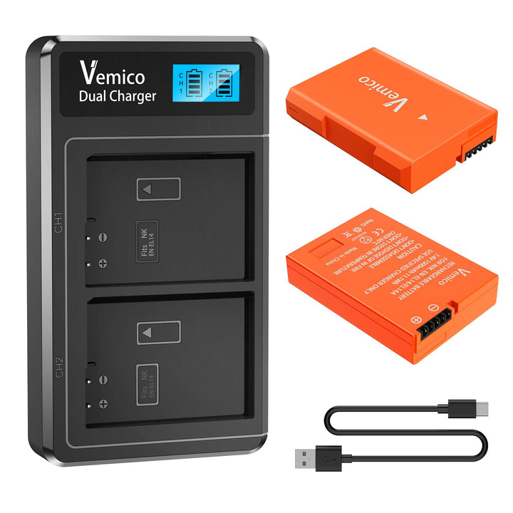 Vemico EN-EL14 EN-EL14A Akku Ladegerät Kit 2 Pack 1500mAh Ersatzakkus Typ C LCD Dual Ladegerät für N