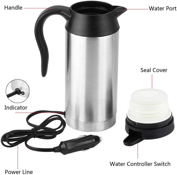 12V Auto Wasserkocher, 750 ml Edelstahl mit Zigarettenanzünder Heizung Wasserkocher Becher Elektrisc
