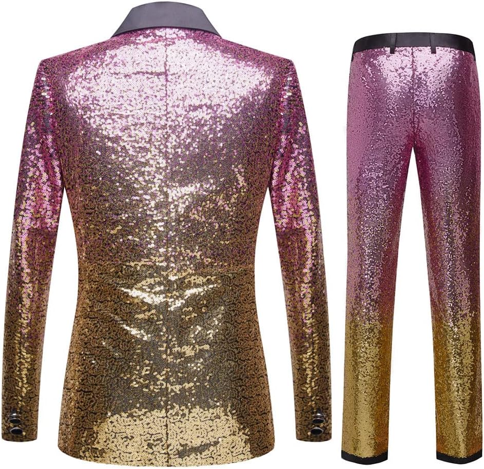 Herren Modische Blumenmuster Pailletten Zweiteiler Set Anzüge S Pink Gold, S Pink Gold