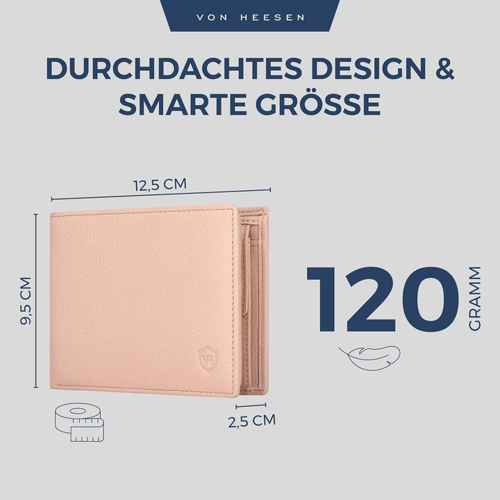 VON HEESEN Leder Geldbörse RFID Schutz I Echtleder Geldbeutel für Damen & Herren I Portemonnaie Brie