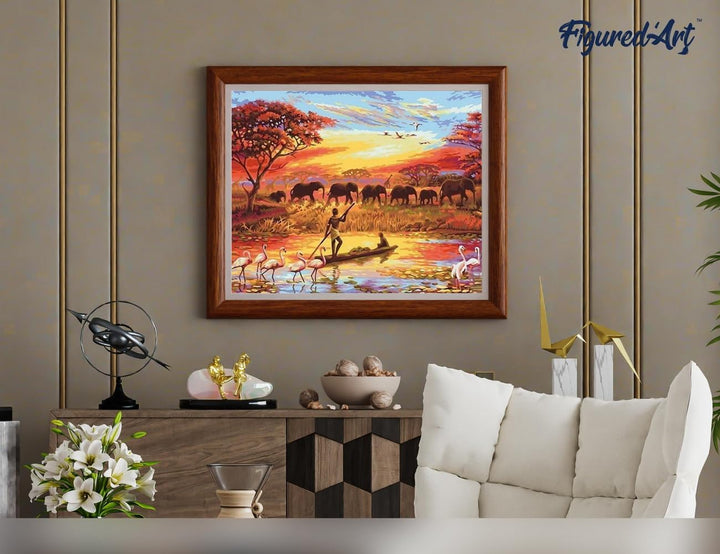 Figured'Art Malen Nach Zahlen Erwachsene Mit Rahmen Sonnenuntergang Elefanten - Paint by Numbers Bas