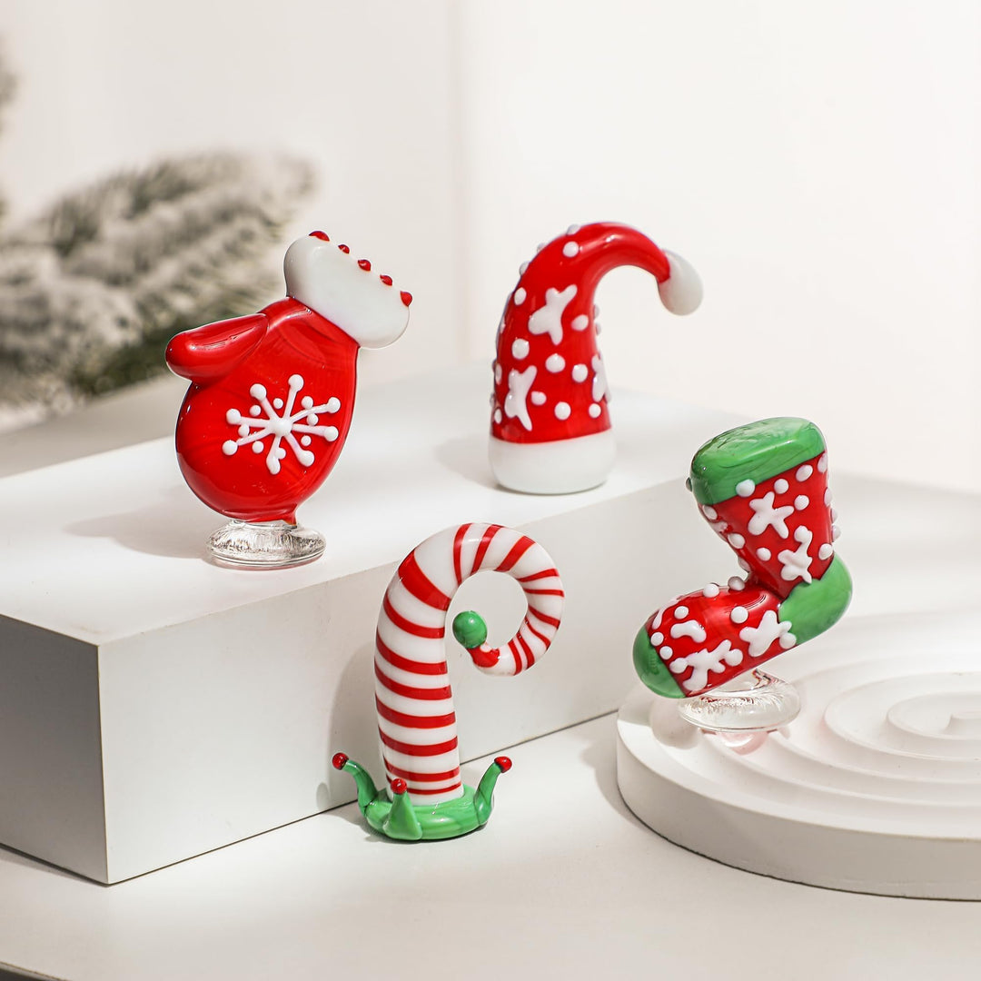 HDCRYSTALGIFTS Handgeblasene Glas-Weihnachtsfiguren, Ornamente, 4 Stück, Mini-Weihnachtsfiguren für