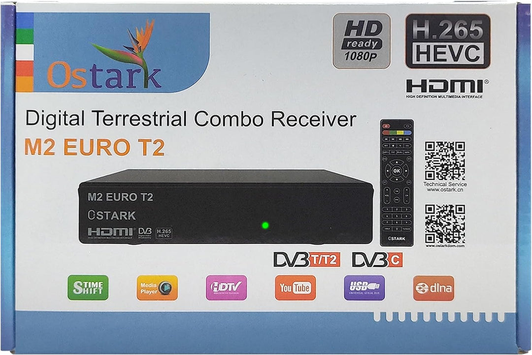 Ostark Euro T2 Terrestrischer Receiver TDT TDT2 FTA DVB-T2 DVB-C, H265 HEVC Full HD PVR, Dual USB, D