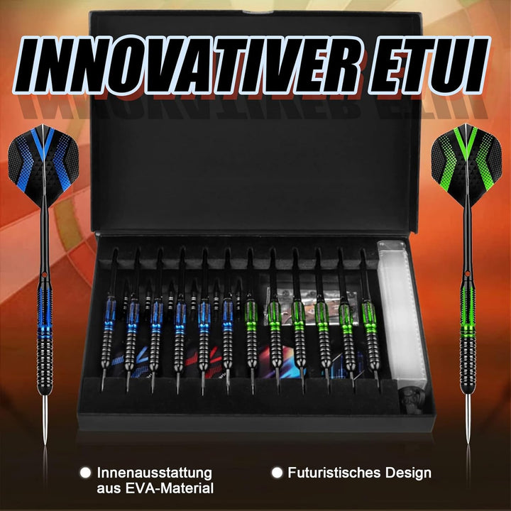 Grebarley Dartpfeile mit Metallspitze,12 Stück Profi Steeldarts 18 Aluminium Schaft mit 9 Flights 20