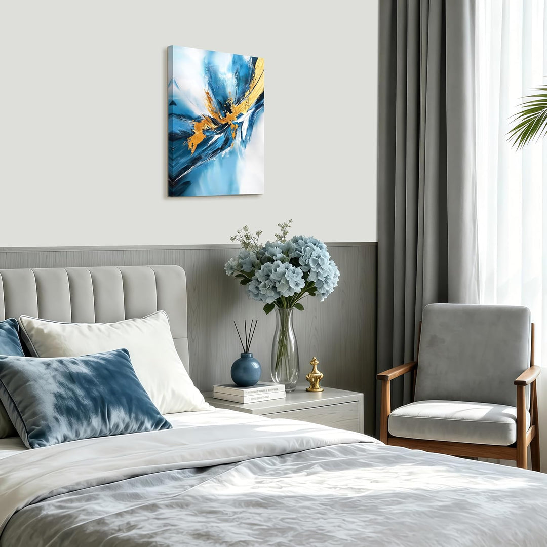 FajerminArt Abstrakt Blau Gold Wellen Leinwandbilder Mit Rahmen, Modern Minimalistisch Bild Auf Lein