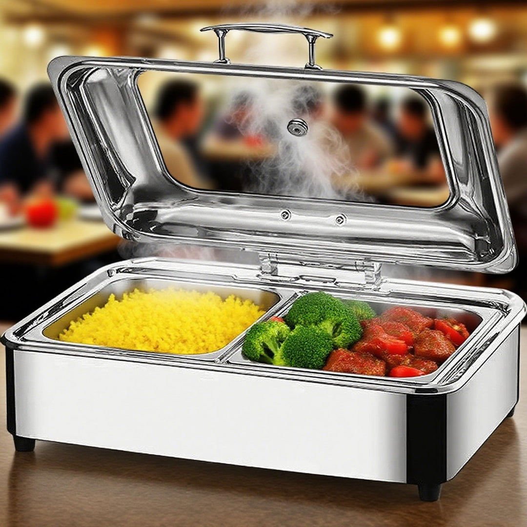 Chafing Dish Elektrisch, 9L Edelstahl Speisewärmer Buffetwärmer mit Sichtbarem Glasdeckel, Einstellb