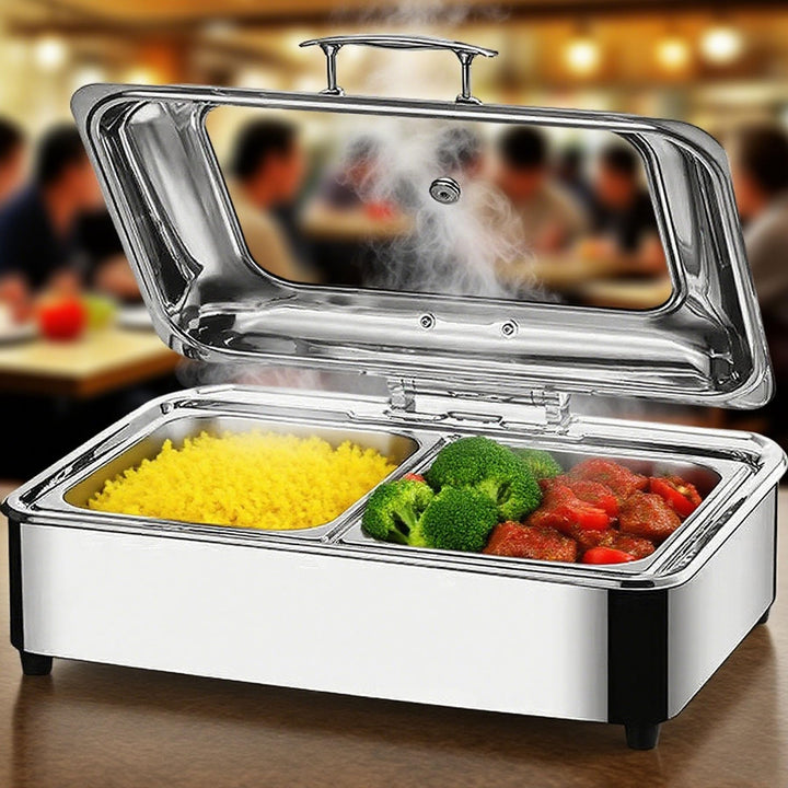 Chafing Dish Elektrisch, 9L Edelstahl Speisewärmer Buffetwärmer mit Sichtbarem Glasdeckel, Einstellb
