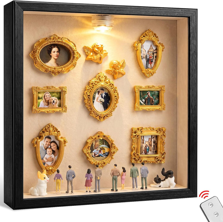 DIY Mini Museum Silhouettenbox mit Licht, Shadow Box Bilderrahmen Set, 8 Mini Goldene Rahmen, 8 Figu