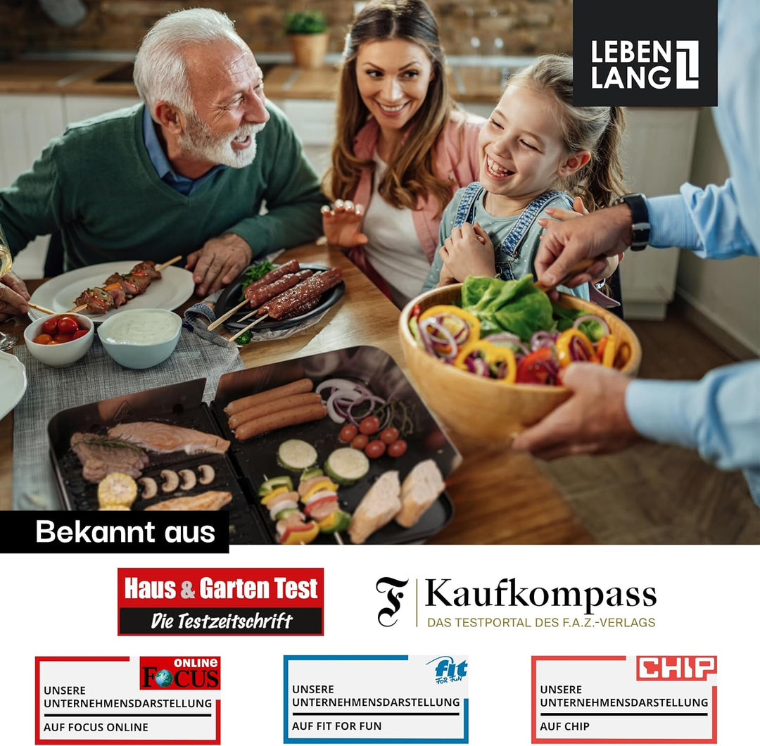 LEBENLANG Elektrogrill Tischgrill elektrisch - Inkl. Grillzange & Spritzschutz I 2400W Für Drinnen &