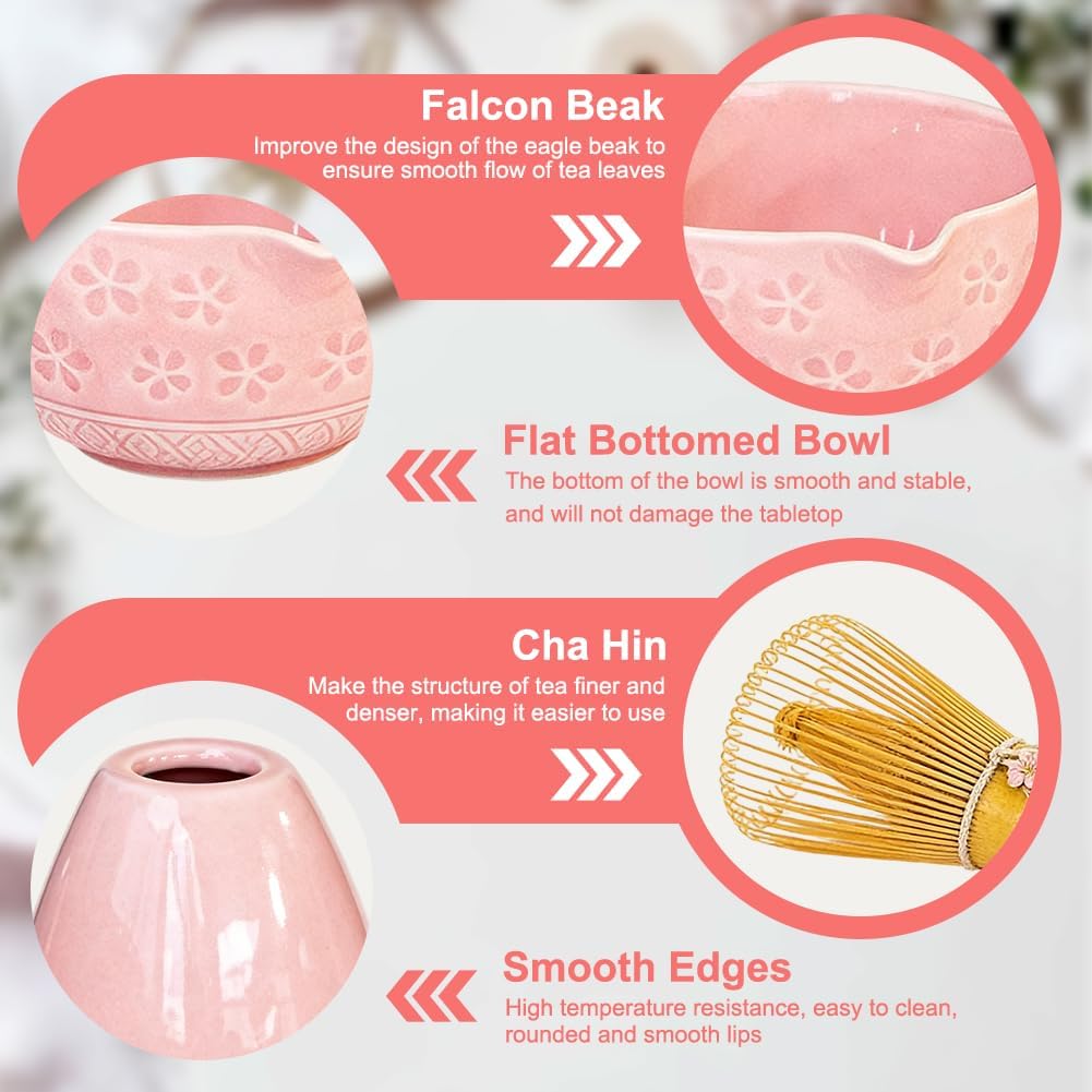 Matcha Set mit Matcha Besen Schale Zubehör 7 Teilig für Anfänger Rosa, Rosa