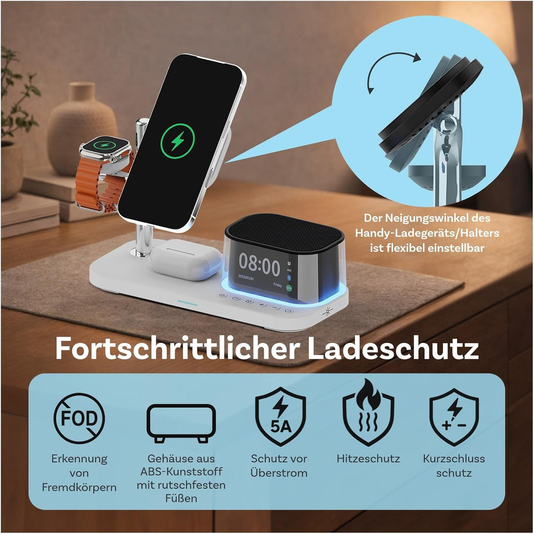 Kabellose Ladestation 5-in-1 mit Wecker, Bluetooth-Lautsprecher & LED-Nachtlicht für MagSafe von MMO