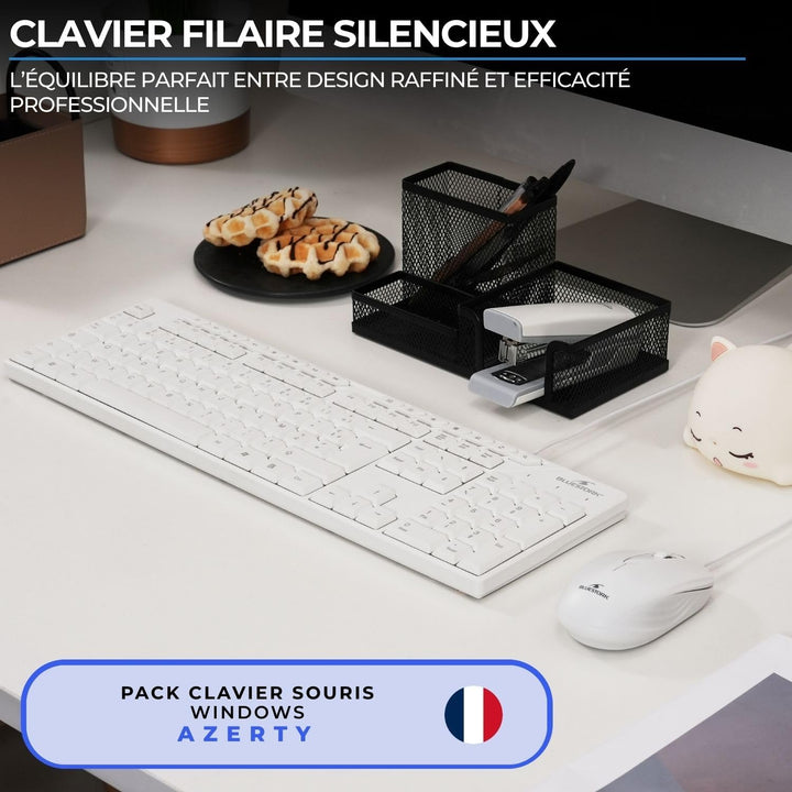 Bluestork Media Office Pack – Set mit kabelgebundener USB-Tastatur – ergonomische AZERTY und kabelge