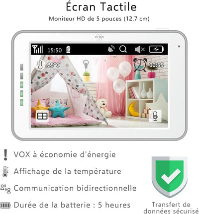 ELRO BC3000-2 Babyphone Royale-Babyfon-mit 12,7 cm Touchscreen Monitor HD-und App-Mit extra Kamera,