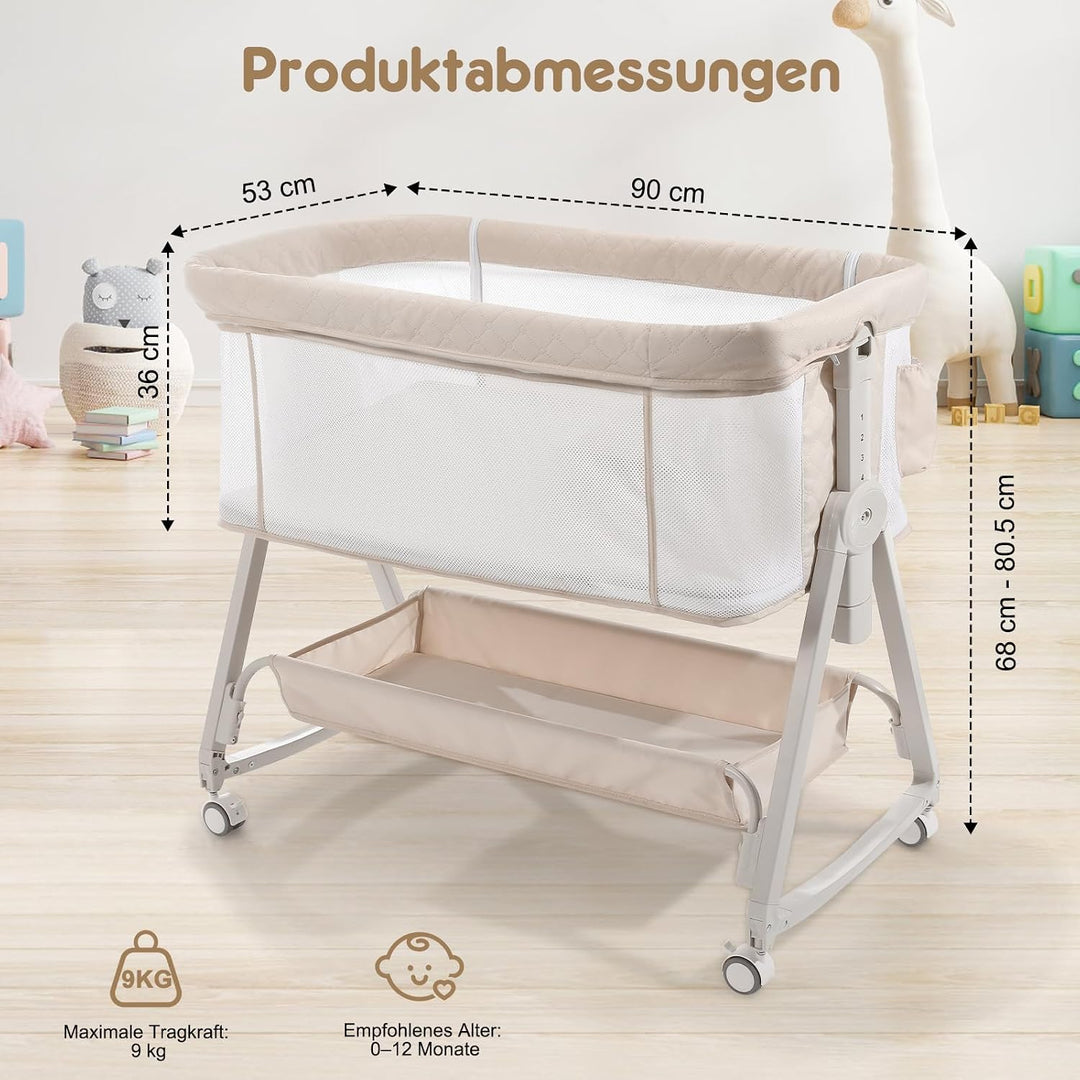 Baby Beistellbett 4-in-1 mit Wiegefunktion, Stubenwagen, 6-Fach Höhenverstellbar, 360° Atmungsaktive