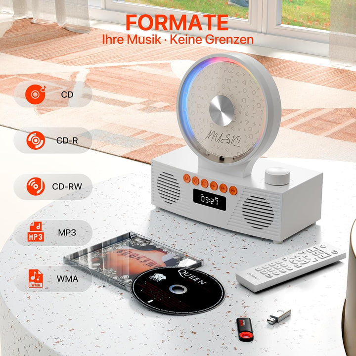 ROADOM Retro CD-Player mit Bluetooth 5.3 & Dualen Lautsprechern, 4000mAh Akku, 6-in-1 Wiedergabe (CD