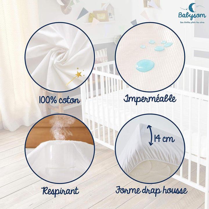 Babysom - Baby Matratzenschoner « 2 in 1 » - 70x140 cm - Spannbetttuch + wasserdichte Matratzenaufla