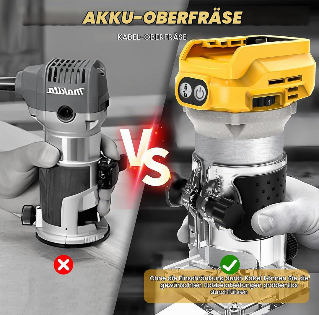 WingFly Akku Kantenfräser für Dewalt 18V,20v Batterien, Oberfräse Bürstenloser Tragbarer Handfräser