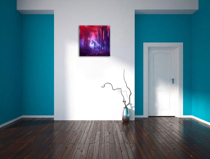 Einhorn im Zauberwald, Format: 70x70 auf Leinwand, XXL riesige Bilder fertig gerahmt mit Keilrahmen,