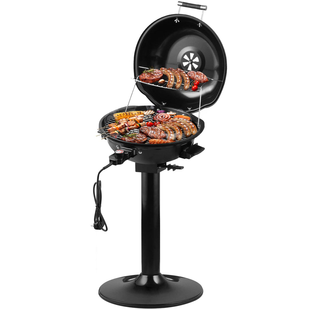 CUSIMAX Elektrogrill Standgrill mit Deckel und Standfuss, Regulierbare Temperatur und Fettauffangsch