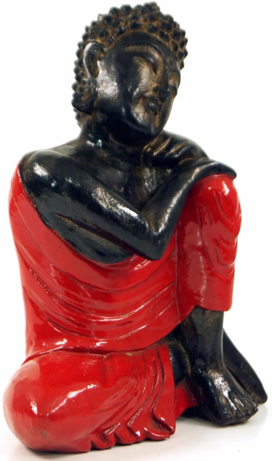 GURU SHOP Geschnitzte Sitzender Buddha Figur, Träumender Buddha - Rot/rechts, 28x21x12 cm, Buddhas,
