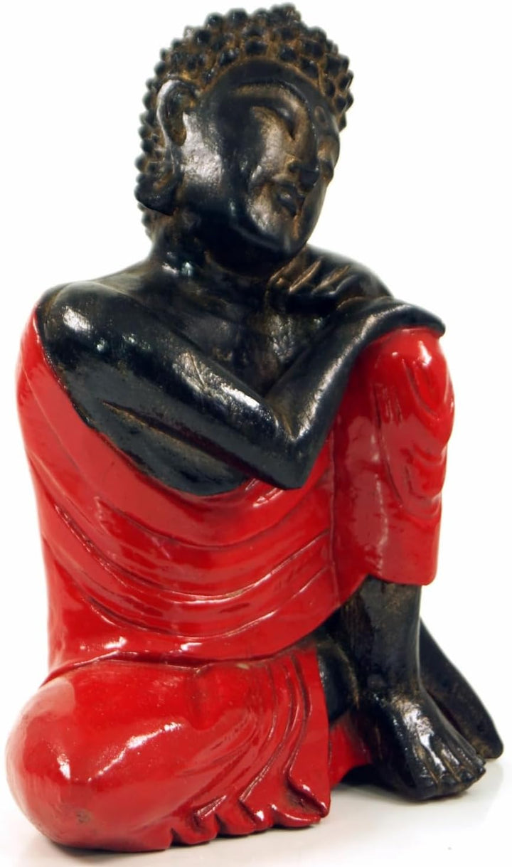 GURU SHOP Geschnitzte Sitzender Buddha Figur, Träumender Buddha - Rot/rechts, 28x21x12 cm, Buddhas,