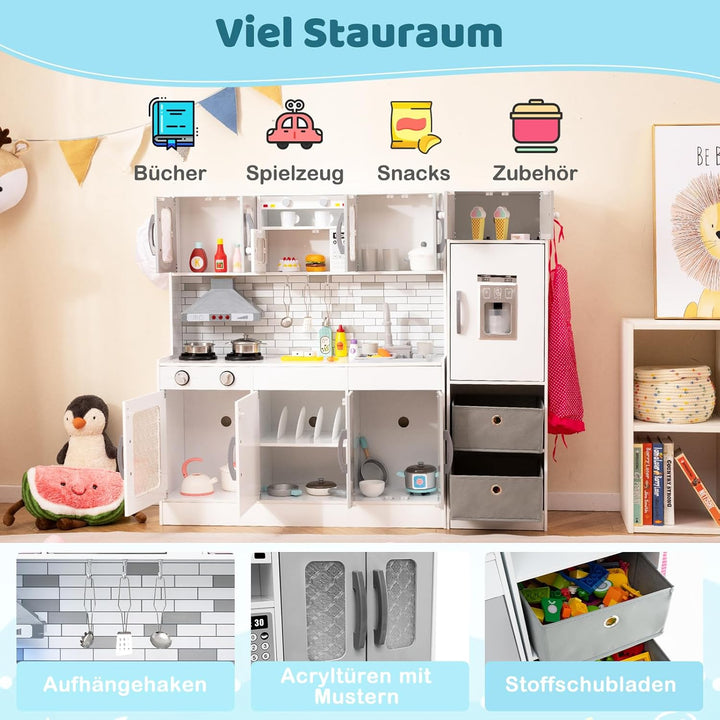 COSTWAY Kinderküche inkl. 22 Zubehörteilen, modulare Spielküche mit Kühlschrank & 2 Stoffkörben, Hol
