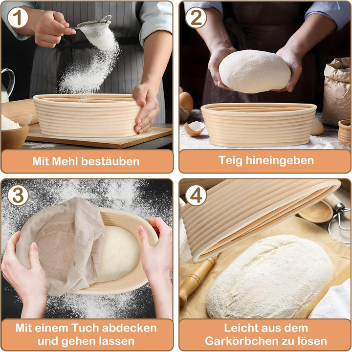 HaWare Gärkörbchen, 25cm Gärkorb Oval Brot Set mit Futter, Bäckermesser, Teigschaber und Backpinsel,