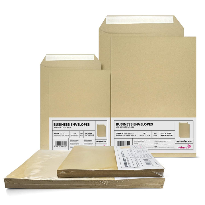 Netuno 100 Stück Versandtaschen DIN C4 & DIN C5 (je 50) Braun ohne Fenster 90 g/m² Kraftpapier Brief