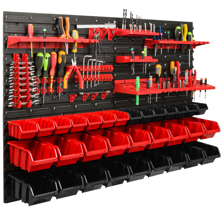 Lagersystem Werkstattregal | 115 x 78 cm | 32 stck. Box | Wandregal mit Werkzeughalterungen und Stap