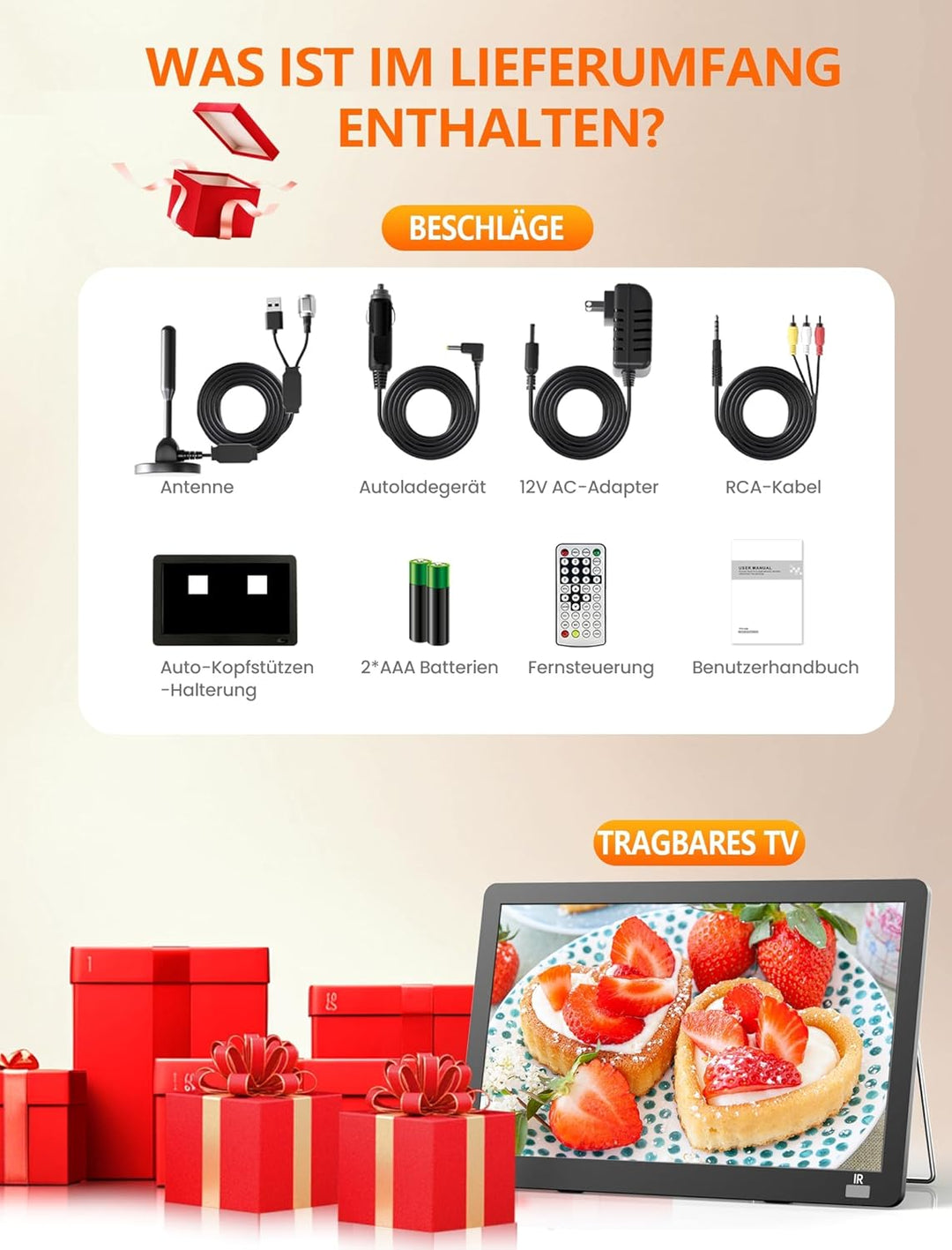 DESOBRY 14.2 Zoll Tragbare Fernseher, 1080P wiederaufladbare mit DVB-T2-Tuner, Outdoor-TV-Unterstütz