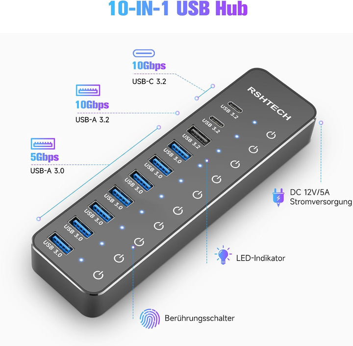 RSHTECH USB Hub 3.2 Aktiv mit Netzteil - Mit 3 10Gbps USB 3.2 und 7 5Gbps USB 3.0 - Insgesamt 10 Por