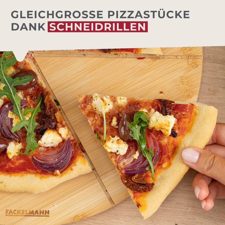 Fackelmann Pizza Schneidebrett Holz rund 32 cm – Aus nachwachsendem Bambus – Schneidrillen für perfe