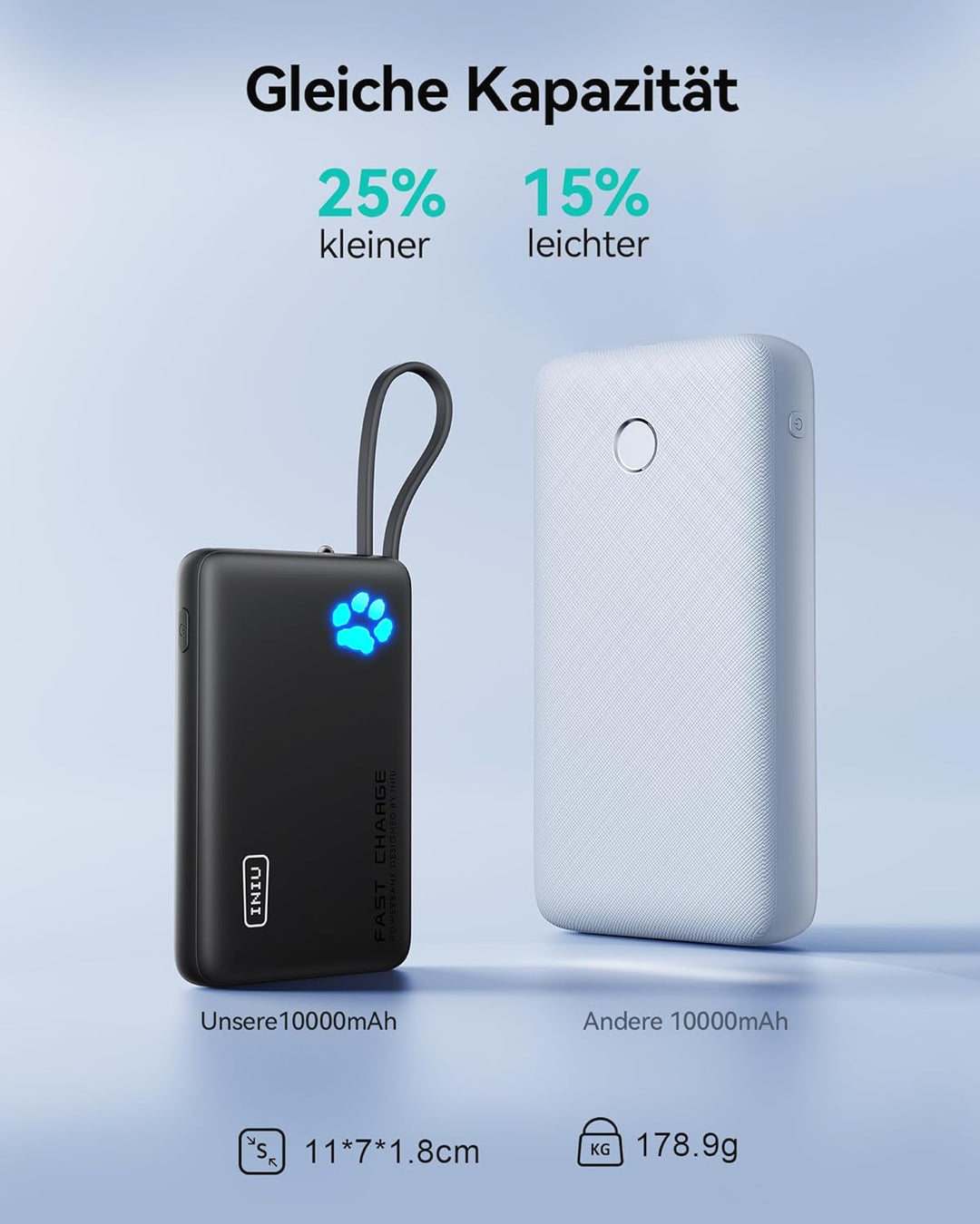 INIU Power Bank, Minigrösse 20W 10000mAh PowerBank mit Integriertem USB-C Kabel, PD3.0 QC4.0 USB C I