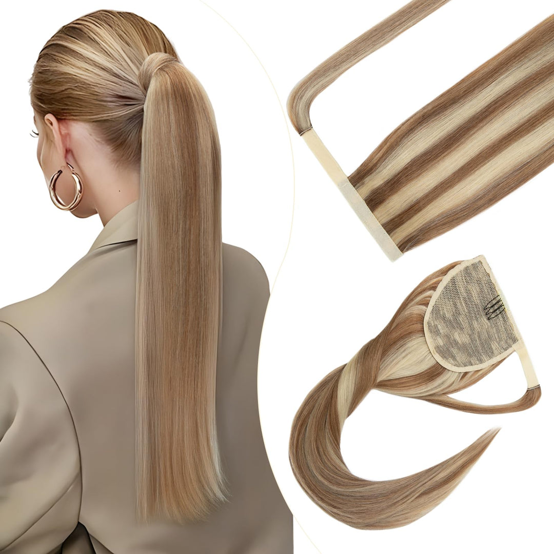 Elailite Ponytail Extension Echthaar #12P613 Goldbraun mix Bleichblond, Haarverlängerung Zopf Haarzo