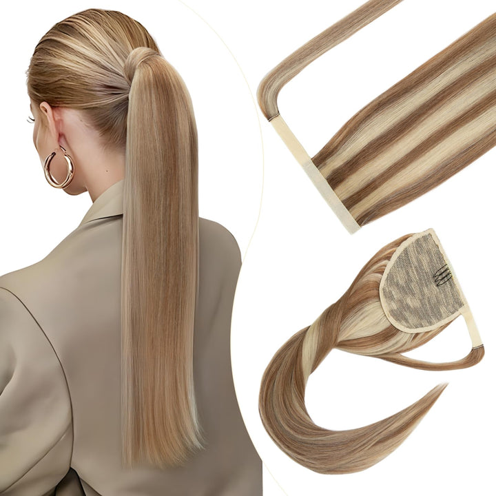 Elailite Ponytail Extension Echthaar #12P613 Goldbraun mix Bleichblond, Haarverlängerung Zopf Haarzo