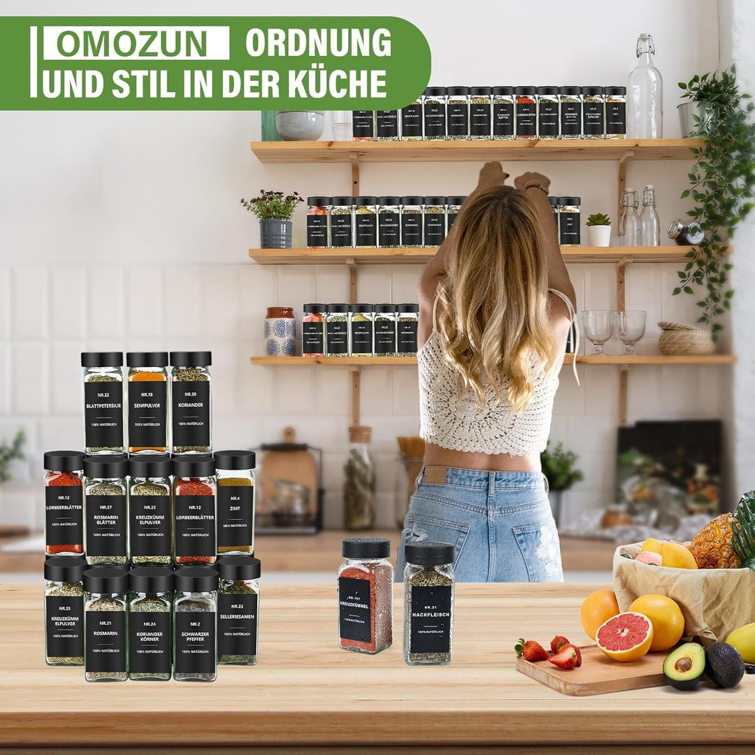Gewürzgläser Eckig mit Etiketten Set 12er: Kleine Gewürzdosen Glas 120ml mit Streueinsatz Wasserfest