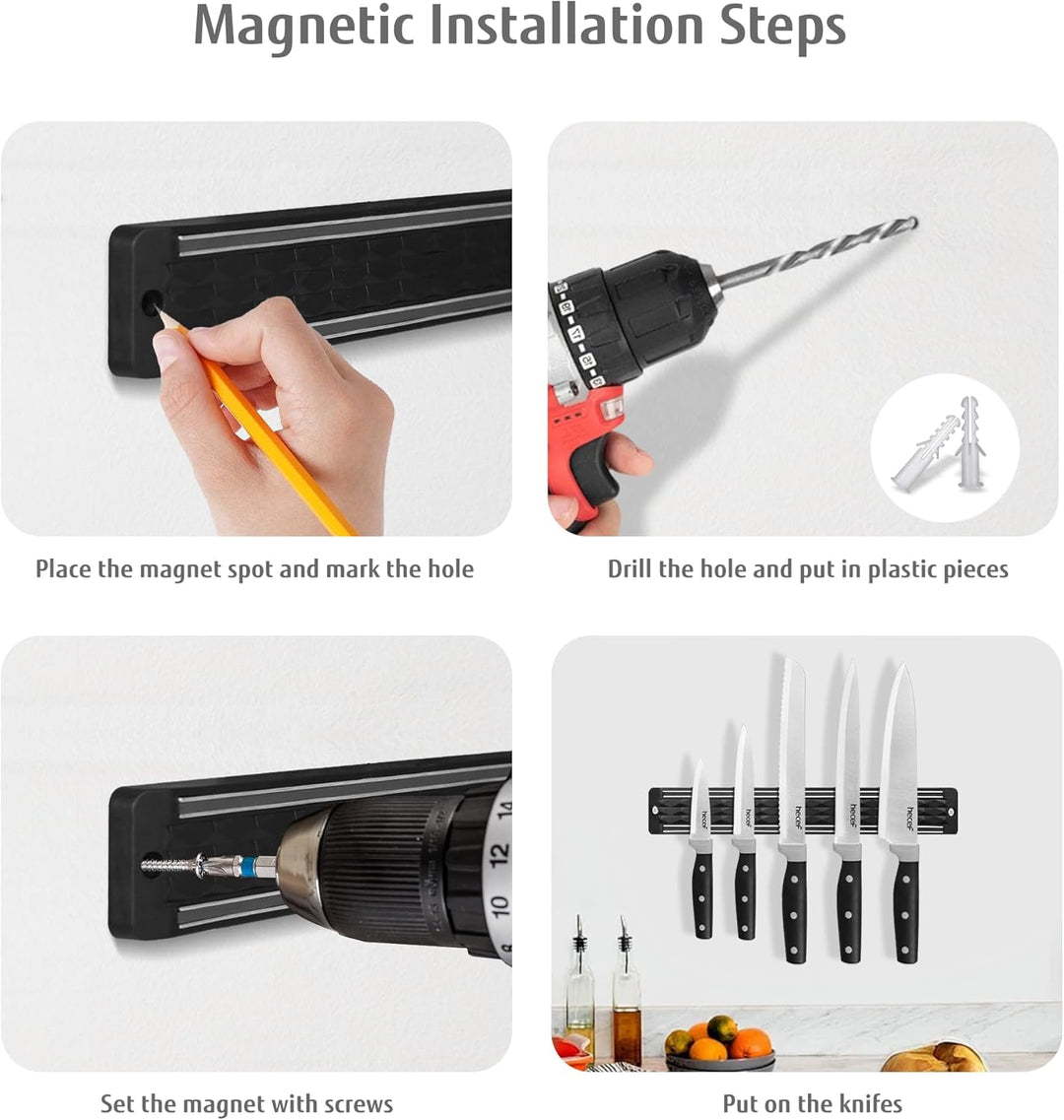 hecef Messer Magnetleiste mit 5 Teilig Scharfe Küchenmesser Set, 33 cm Messerhalter Magnetisch mit E