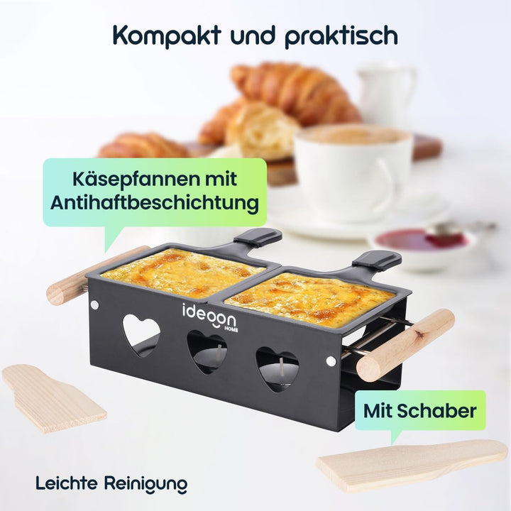 ideoon Raclette-Teelicht für 2 Personen, Raclette Set ohne Strom inkl. Teelichtern und Schaber, Meta