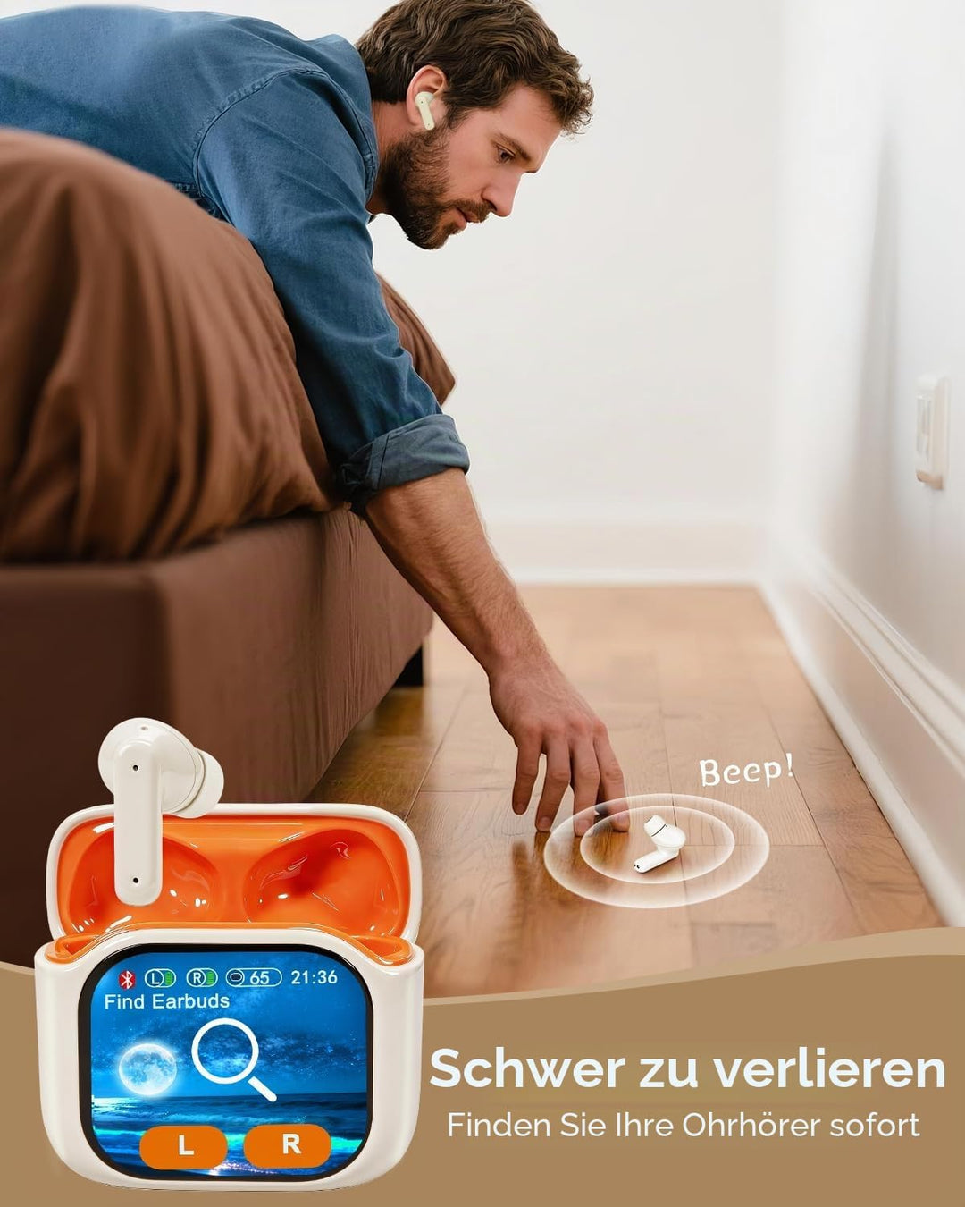 Bluetooth Kopfhörer, In-Ear-Kopfhörer mit Touchscreen, Orange | ANC Kabellose Kopfhörer Kabellos, Bl