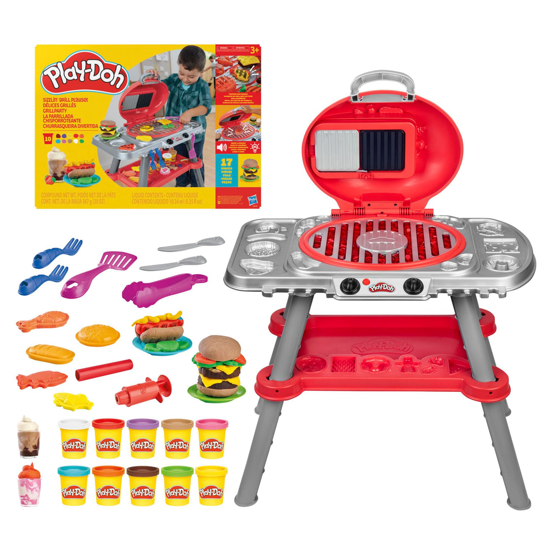 Play-Doh Grillparty Spielzeug, Grill-Station mit Formen, Accessoires und 6 Dosen Knete zum Basteln,