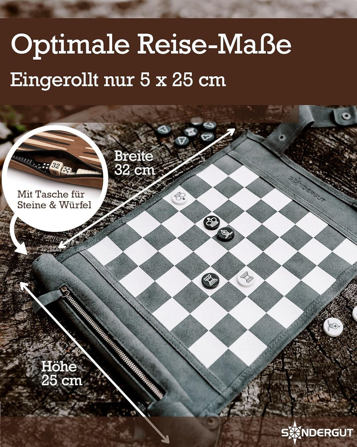Sondergut- Schach & Dame (Grau) - Echtleder Roll-Schach - Reisespiel Reiseschach für Erwachsene und